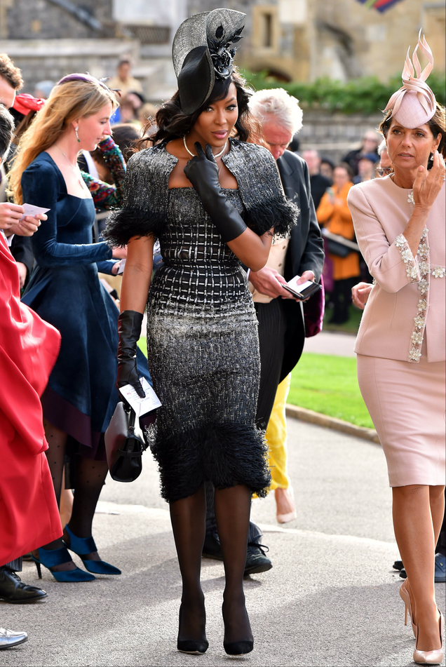 Naomi Campbell (center) and Debbie von Bismarck arrive ahead of the wedding of Princess Eugenie of York to Jack Brooksbank at Windsor Castle on Oct. 12, 2018 in Windsor, England.